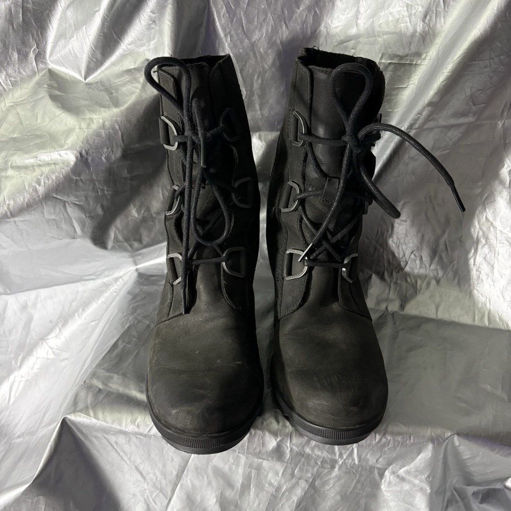 Sorel Joan Of Arctic Wedge II Black Leather Lace Up Boot Women's Size 10 - Picture 5 of 9